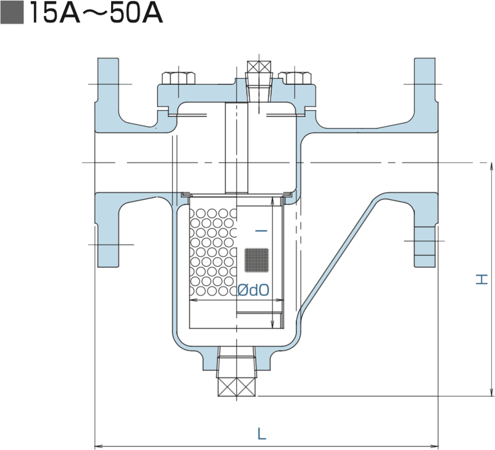 フランジ式U型（バケット型）ストレーナー図面15A〜50A