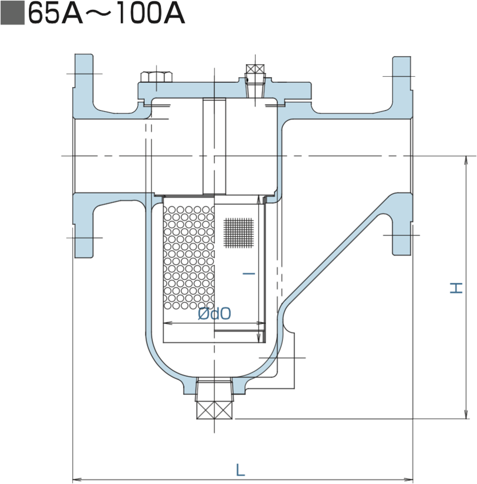 フランジ式U型（バケット型）ストレーナー図面65A〜100A
