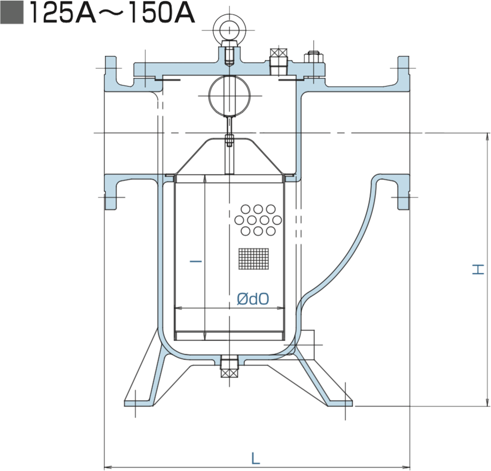 フランジ式U型（バケット型）ストレーナー図面125A〜150A